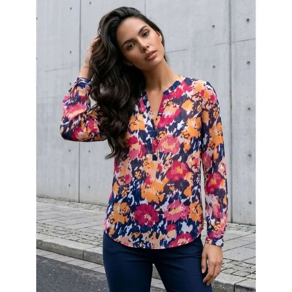 Liz Claiborne Petites Colorful Top Watercolor Chiffon Split Neck Henley Blouse